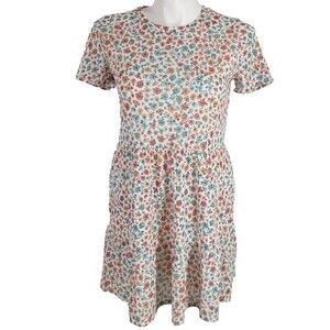 Zara Dress LARGE Multicolor Floral Pullover Ribbed Short Sl Knee Length